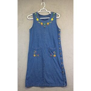 Vintage Argee Denim Dress Womens S Floral Embroidered Cottagecore Modest Granny‎